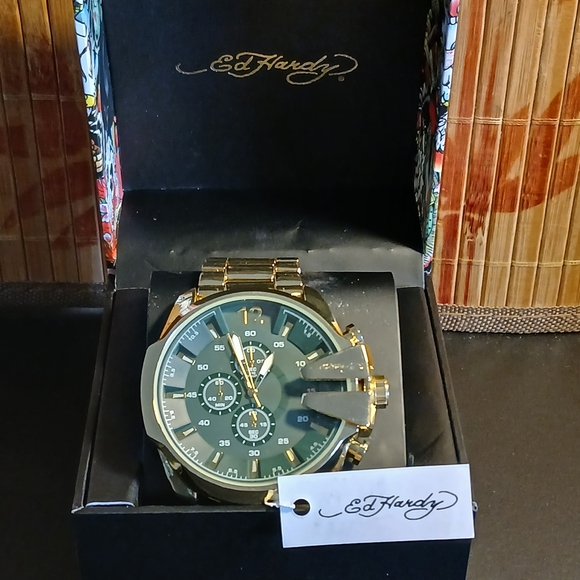 Ed Hardy Gold Tone Green Face Oversized Chronograph Watch New NWT NIB - Picture 1 of 10